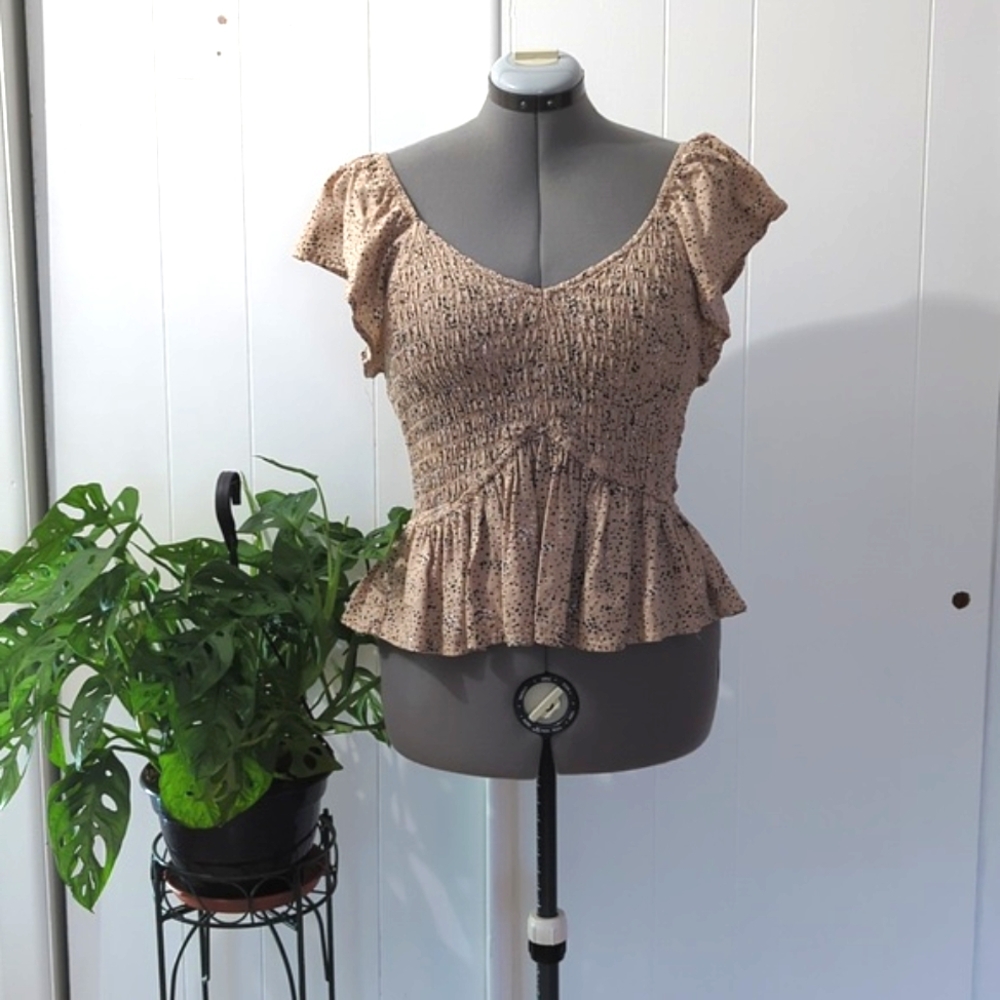 Women Tan V Neck Smocked Babydoll Top by Japna, Size: XL